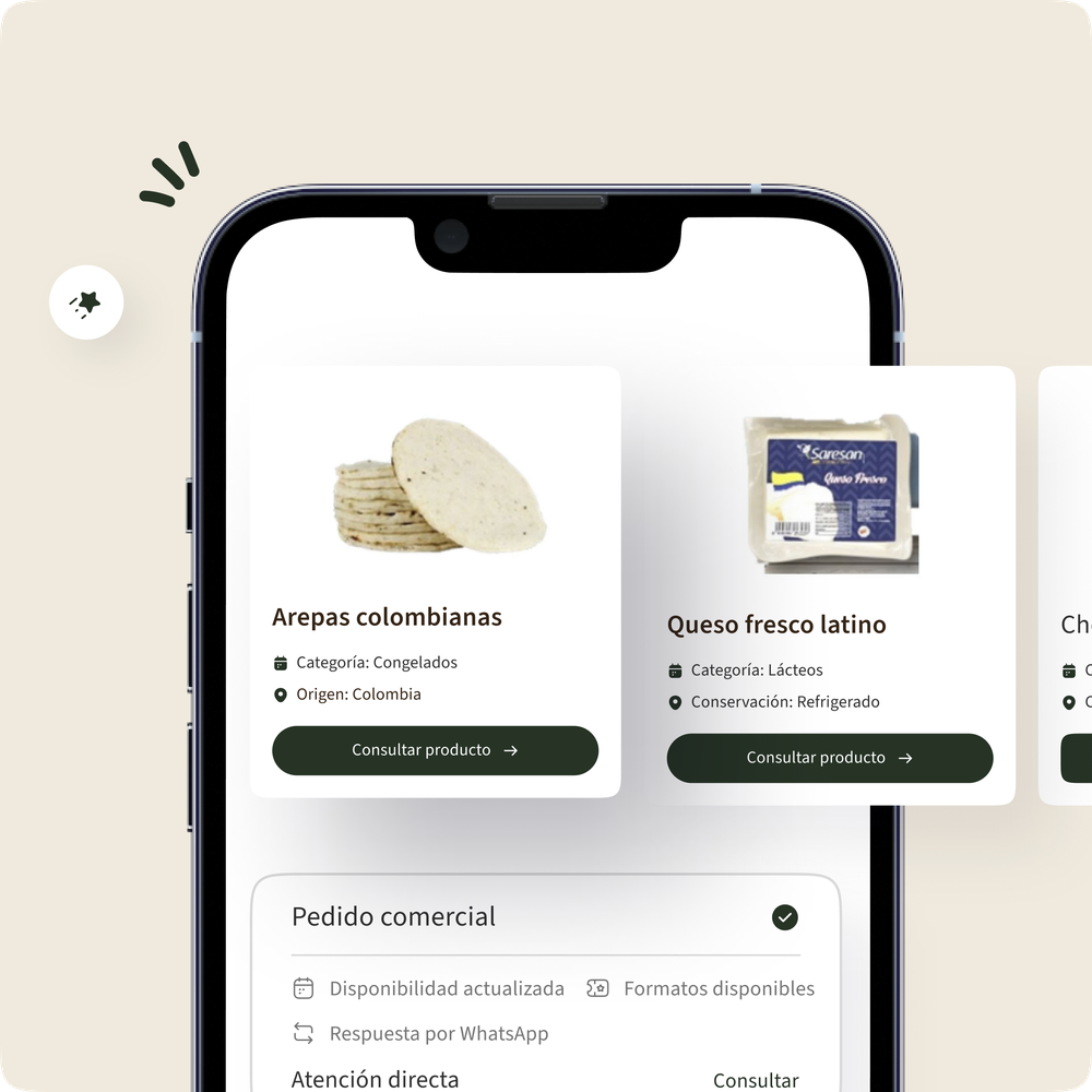 Vista previa del catálogo mostrando tarjetas de producto y consulta por WhatsApp
